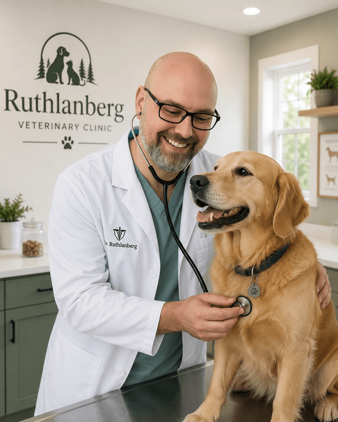Veterinarian examining a golden retriever
