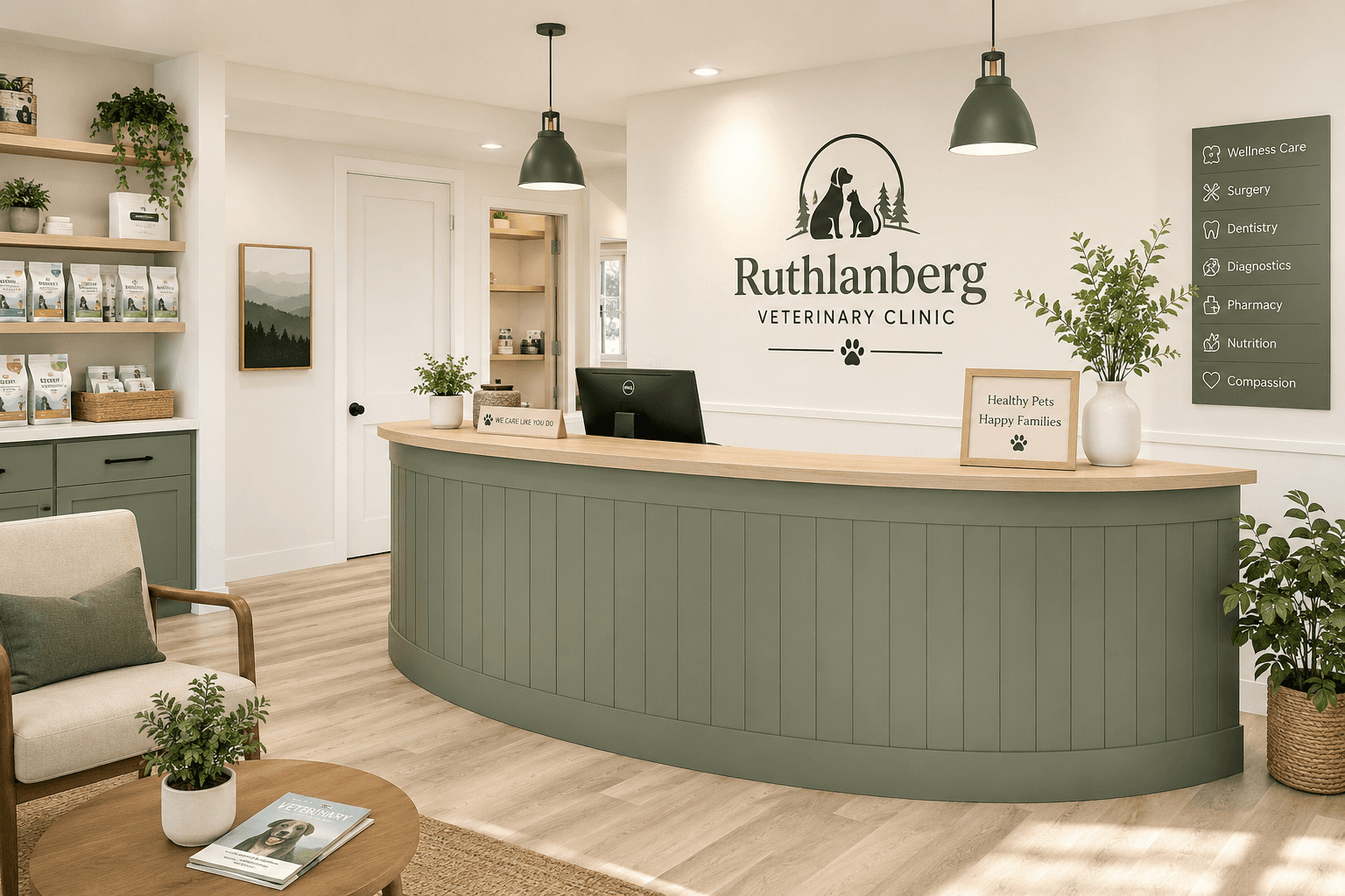 The bright reception area at Ruthlanberg Veterinary Clinic